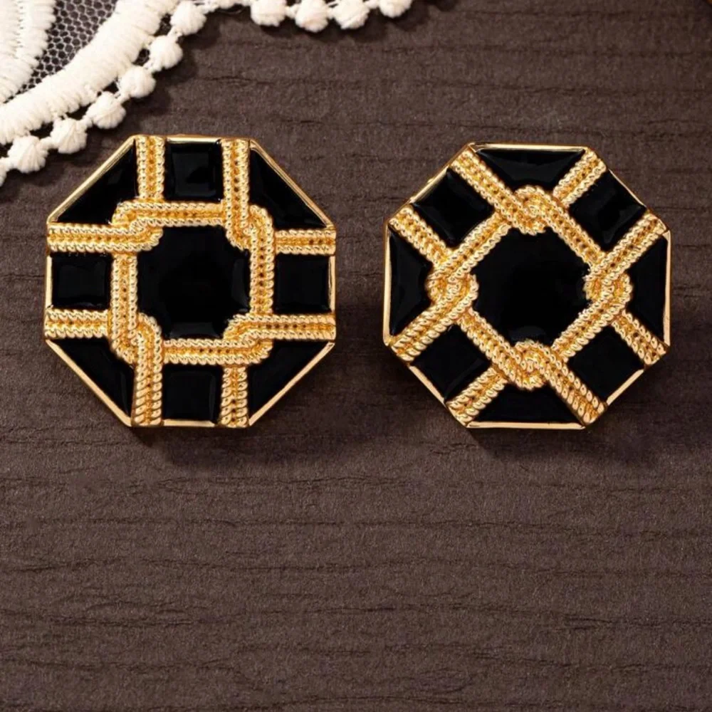 Modern Octagonal Black Enamel Earrings | Gold-Tone Geometric Statement